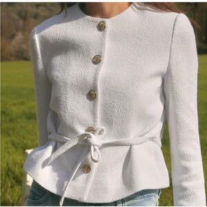 Zara White Textured Blazer with Tie Waist